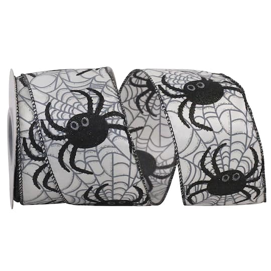 Reliant 2.5&#x22; x 10yd. White Spider Web Glitter Halloween Wired Ribbon